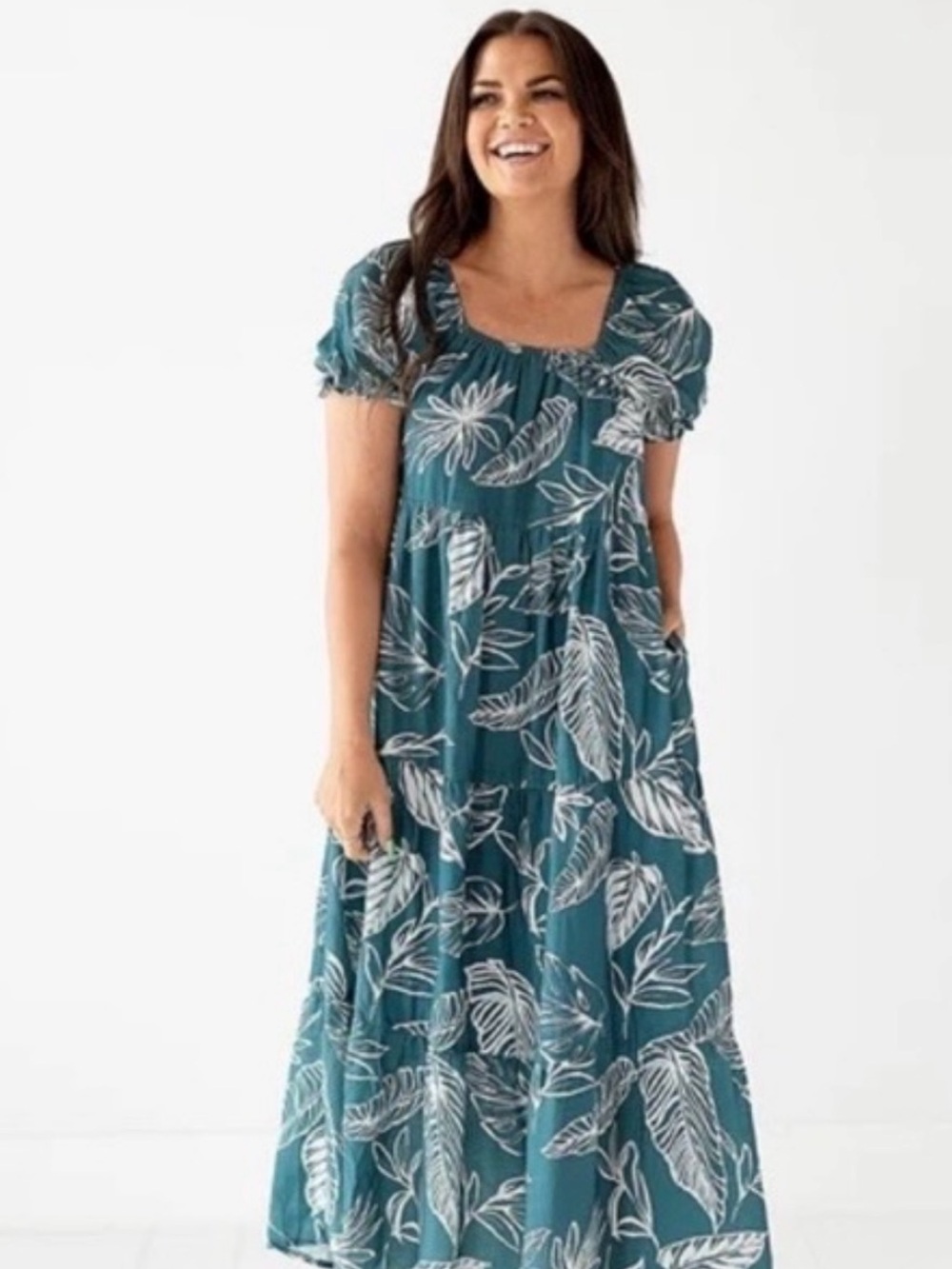 Polagram Teal Maxi Dress with White Leaf Print